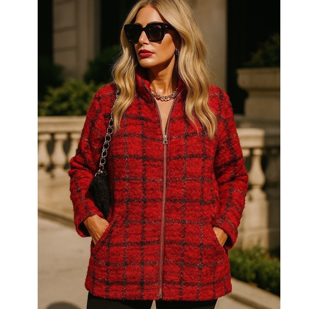 Vintage Chicos Design Wool Blend Red Plaid Zip Jacket Coat Size 1 (M) Mock Neck